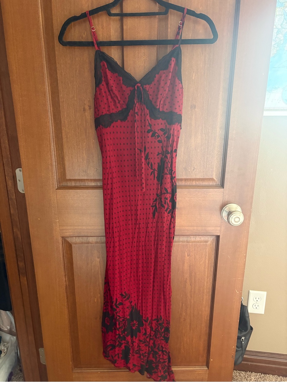 wild fable Red Maxi Slip Dress with Black Lace & Floral Print